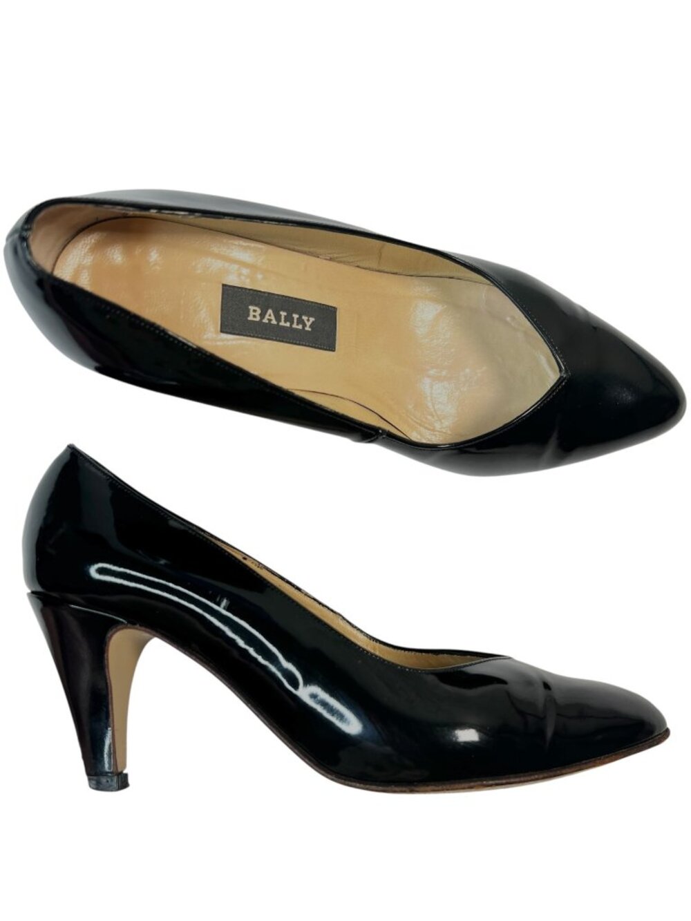 Bally Classic Patent Leather Pumps Cone Heel Almond Toe Black 5